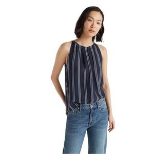 Club Monaco ✘ Blue Striped Pleat Neck Navy Sleeveless Top, Size XS